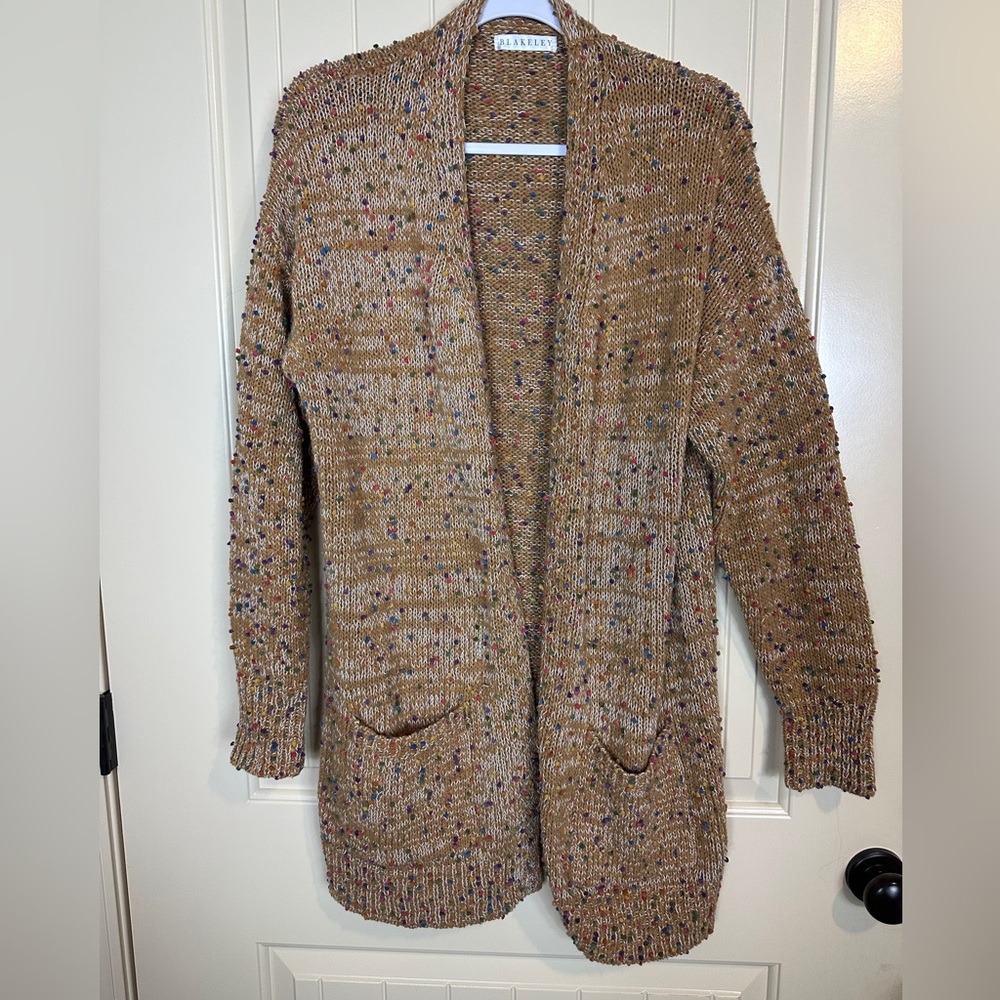 Blakeley tan‎ with multi color balls long heavy acrylic knit caridgan sweater OS